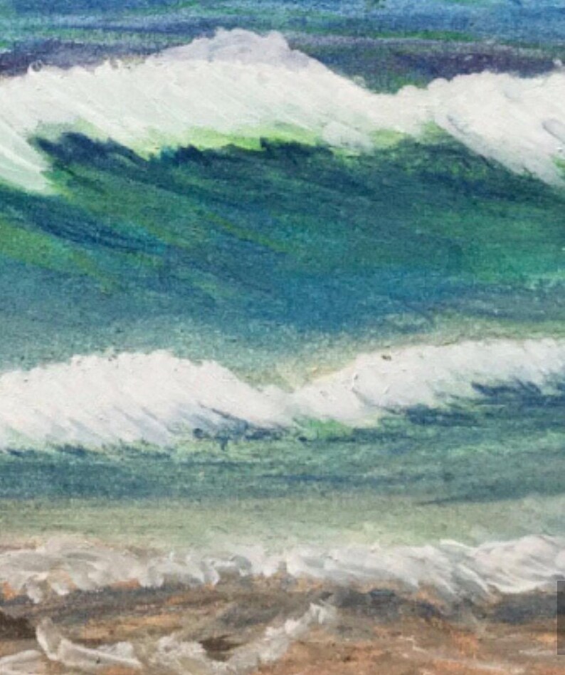 May include: A painting of ocean waves crashing on a sandy beach. The waves are a mix of white foam and turquoise blue water. The beach is a light brown color.