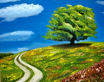 May include: A painting of a winding dirt road leading up a hill to a large green tree. The hill is covered in a field of colorful wildflowers.