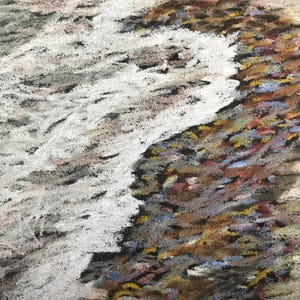 May include: An abstract pastel drawing depicting a shoreline. White, foamy waves meet a rocky shore with hues of brown, grey, yellow, and blue. The artwork has a textured appearance, possibly created with chalk or oil pastels.