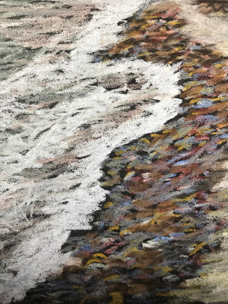May include: An abstract pastel drawing depicting a shoreline. White, foamy waves meet a rocky shore with hues of brown, grey, yellow, and blue. The artwork has a textured appearance, possibly created with chalk or oil pastels.