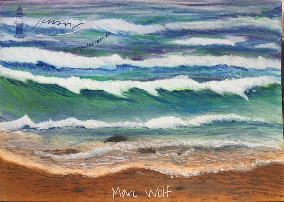 Original Ozean Pastell Zeichnung: Signierte Meereslandschaft Malerei (DIN A4)