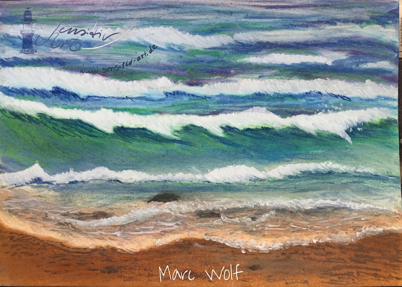 May include: A painting of a seascape with waves crashing on a sandy beach. The waves are painted in shades of blue, green, and white. The beach is painted in shades of brown and tan. The painting is signed "Marc Wolf" in the lower right corner.