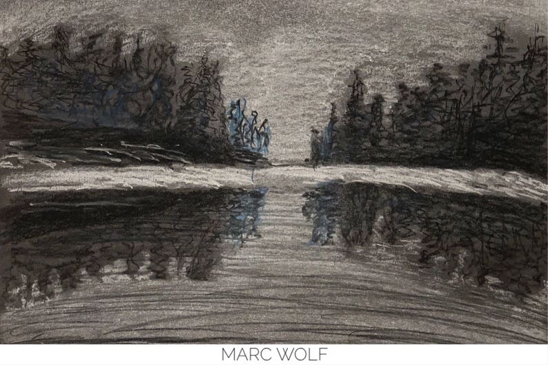 May include: A black and white pencil drawing of a forest reflected in a still body of water. The trees are silhouetted against a gray sky. The artist's signature, "MARC WOLF", is at the bottom of the drawing.
