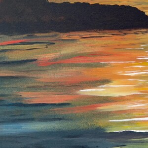 May include: Abstract painting of a sunset over water with a dark silhouette of land in the distance. The painting features a variety of warm colors, including orange, yellow, and red, and is painted in a horizontal style.
