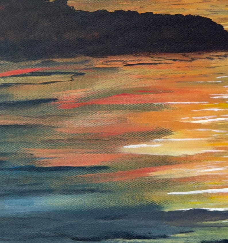 May include: Abstract painting of a sunset over water with a dark silhouette of land in the distance. The painting features a variety of warm colors, including orange, yellow, and red, and is painted in a horizontal style.