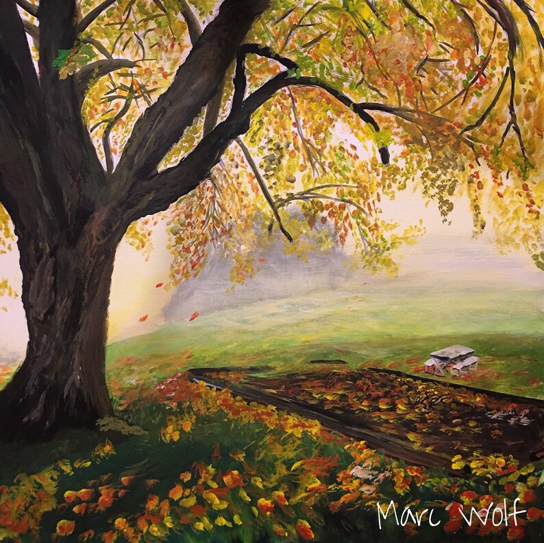 May include: An acrylic painting depicts a large tree with a thick, brown trunk and branches laden with yellow and orange autumn leaves. Fallen leaves cover the ground and a path. A small building is in the background.