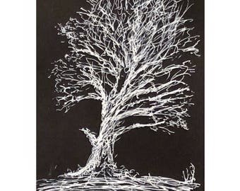 Der Baum, weiße Pigmentgel-Tinte auf Papier, 10 x 21,0 cm, Original Skizze von Marc Wolf