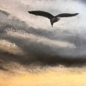 Puede incluir: Un p&aacute;jaro negro vuela sobre un fondo de nubes grises y blancas. El cielo es una mezcla de gris claro y oscuro, con toques de amarillo en la parte inferior.