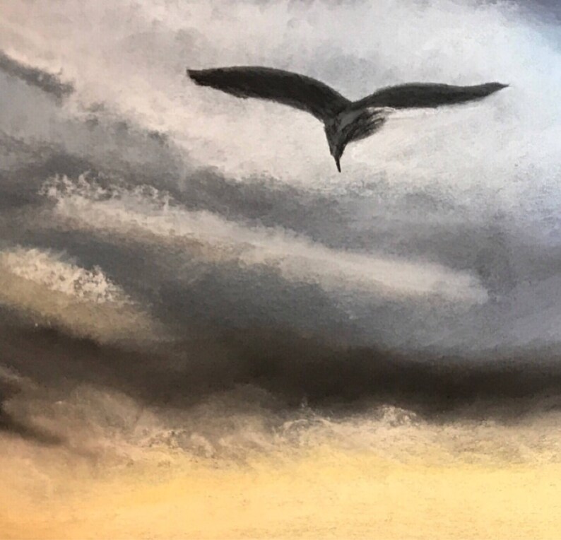 Puede incluir: Un p&aacute;jaro negro vuela sobre un fondo de nubes grises y blancas. El cielo es una mezcla de gris claro y oscuro, con toques de amarillo en la parte inferior.