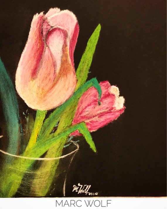 Tulpen in der Vase, Pastellkreide auf schwarzem Fotokarton, 19,0x25,7 cm