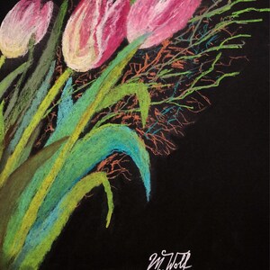 May include: A pastel drawing of three pink tulips with green stems and leaves on a black background. The artist's signature, "M. Wolf 03/18", is in the bottom right corner. The text "MARC WOLF" is in the bottom center of the image.