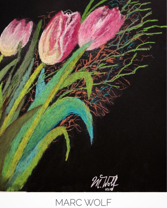 Tulpen im Dunkel, Pastellkreide auf schwarzem Fotokarton, 21,0x29,2 cm