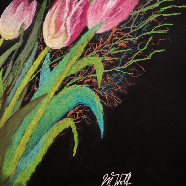 Drei Tulpen, Pastellkreide auf schwarzem Fotokarton, 21,0x29,2 cm