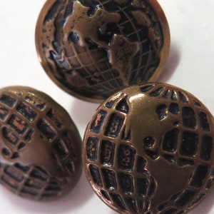 Set van 3 vintage metalen knopen, wereldbol met lengte- en breedtegraad