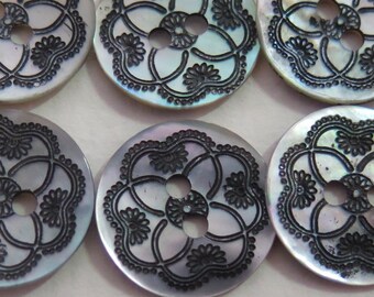 6 Dyed Black Etched MOP Buttons - Geometric Design 9/16"- New Old Stock