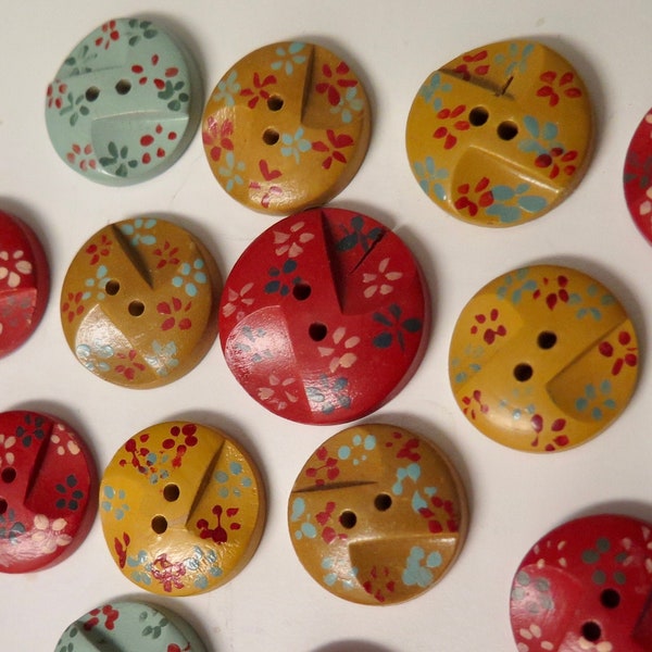 Hand Painted Wooden Buttons: Floral Design in Red, Gold & Light Blue