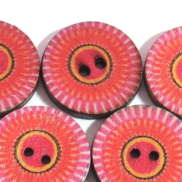 Set of 5 - 3/4" Wooden Buttons - Pink & Orange