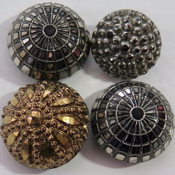 4 Domed Antique Black Glass Button - Gold and Silver Lustre