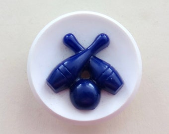 1" Vintage Bowling Pin Button - Blue & White Plastic