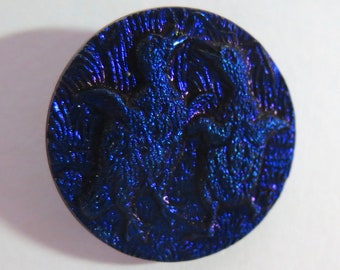 Blue Lustre on Black Glass Button - 2 Birds, Chicks, 1 3/8"