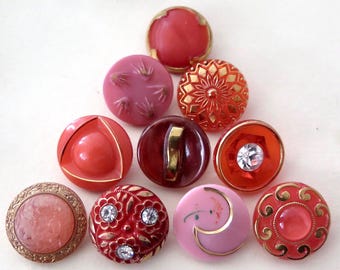 Mid Century Modern Red/Pink Glass Buttons with Gold & Pastes - Small Size, Your Choice
