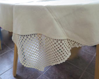 Hochwertige Vintage Leinen und Häkelborte Tischdecke 132 cm