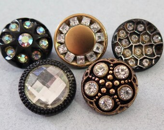 Group of 5 Vintage Black Glass Buttons with Rhinestones & Gold Trim, LaMode, LeChic