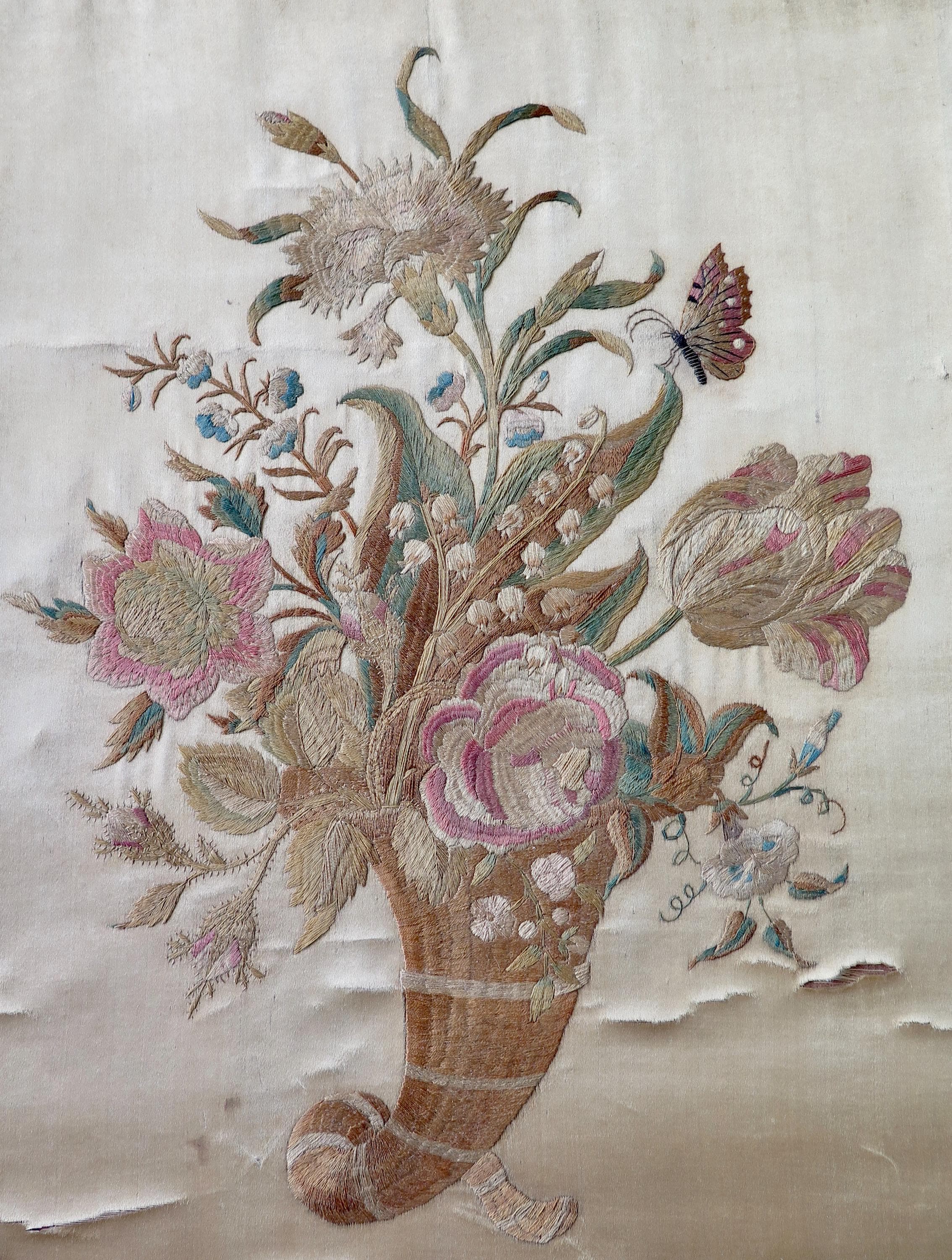 Georgian Floral Bouquet Embroidery on Silk in Frame