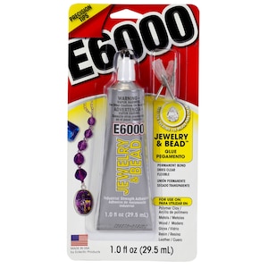 May include: A bottle of E6000 Jewelry & Bead glue, a clear industrial strength adhesive, with a yellow and black label. The bottle is 1.0 fl oz (29.5 mL).