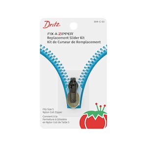 May include: A Dritz FIX-A-ZIPPER replacement slider kit for size 5 nylon coil zippers. The package features a blue zipper graphic and text in English and French. The kit includes a metal zipper slider.