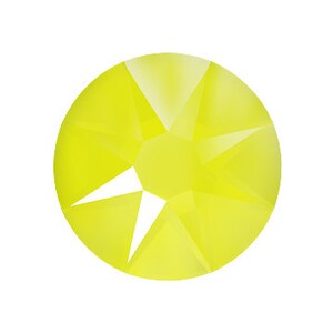 May include: A bright yellow round rhinestone with a faceted design.