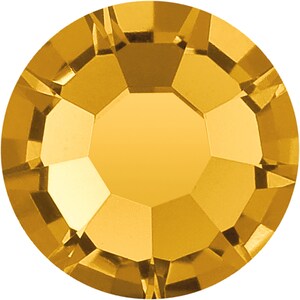 May include: A single, round, gold-colored rhinestone with a faceted design.
