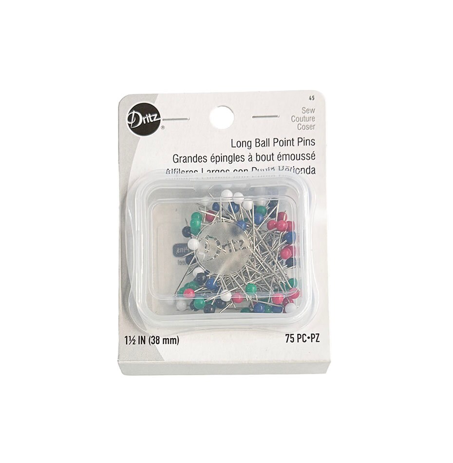 Dritz 45 1-1/2" (38mm) 75PC Long Ball Point Pins Sew Couture Coser Assorted Colors - Package contains