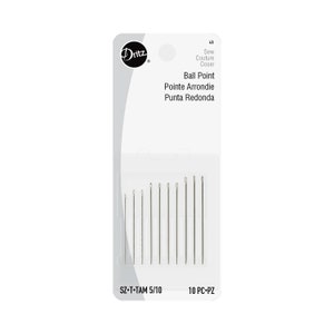 May include: A package of 10 Dritz ball point sewing needles, size 5/10. The needles are silver and come in a clear plastic package with a white label. The label says "Sew Couture Coser Ball Point Pointe Arrondie Punta Redonda SZ-T-TAM 5/10 10 PC-PZ".