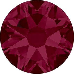 May include: A single, round, faceted, dark red rhinestone.