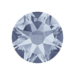 May include: A round, faceted, light blue gemstone with a starburst pattern. The gem has multiple triangular facets that reflect light, creating a sparkling effect. The gemstone is set against a white background.