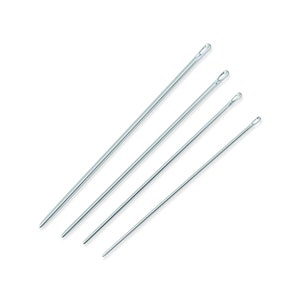 May include: Four silver sewing needles with eye holes at the top. The needles are arranged in a diagonal line, with the longest needle at the top and the shortest needle at the bottom.
