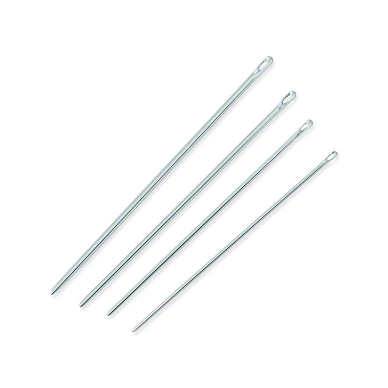 May include: Four silver sewing needles with eye holes at the top. The needles are arranged in a diagonal line, with the longest needle at the top and the shortest needle at the bottom.