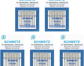 Puede incluir: Un paquete de 10 agujas universales para máquina de coser de la marca Schmetz. Las agujas son plateadas con una punta roja y verde. El embalaje es azul y blanco con el texto "SCHMETZ 10 UNIVERSAL NEEDLES Aiguilles Universal Agujas Universal" y el tamaño "130/705H".