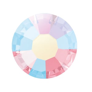 May include: A round, iridescent crystal rhinestone with a multi-colored ab color. The crystal has a light blue, pink, and white color scheme.