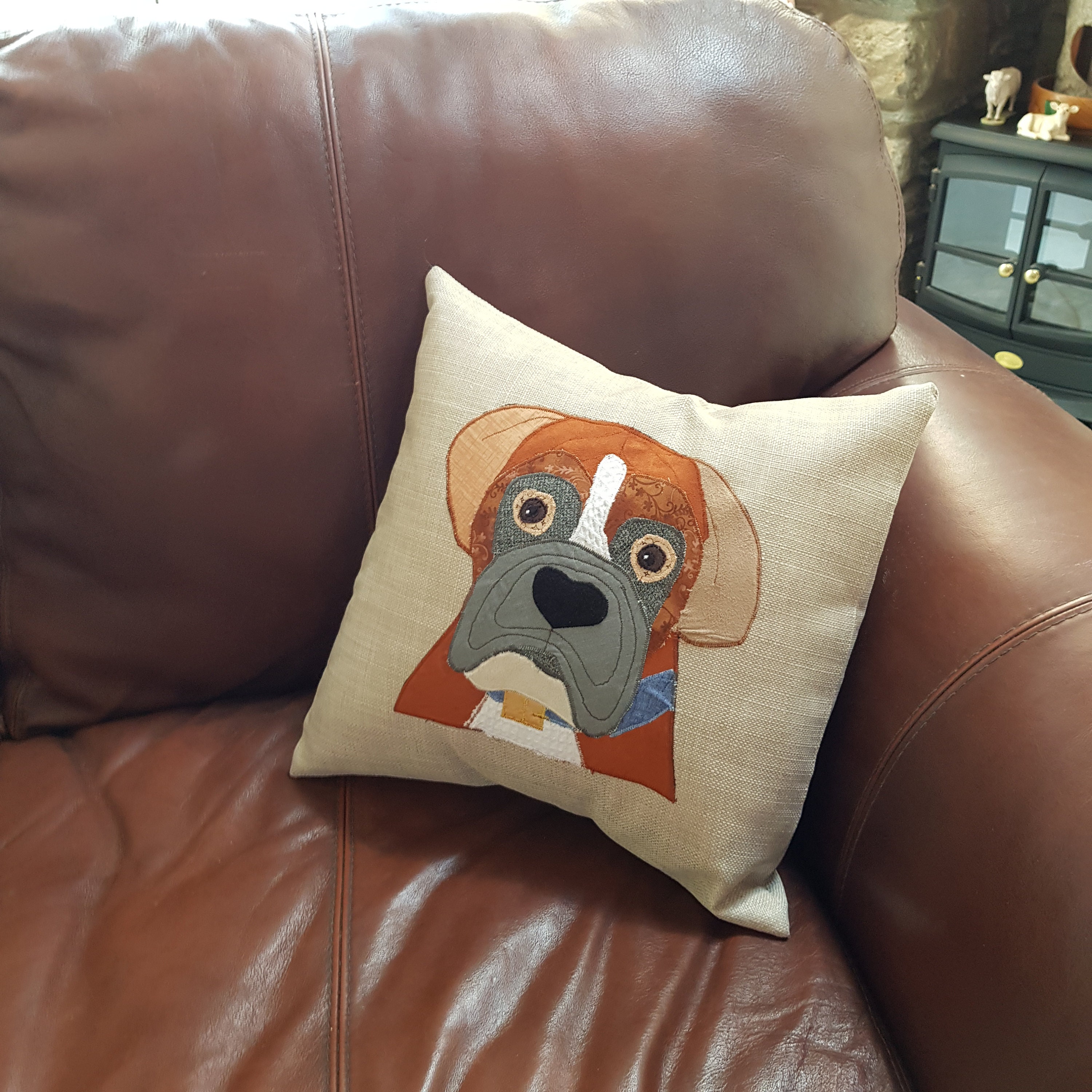 Handmade Dog Cushion Applique dog on a beige or Grey linen Etsy