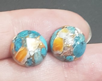 2 Pieces 11x11mm Mohave Copper Turquoise Cabochon Pair, CALIBRATED Round Spiny Oyster Loose Stone Cab Gemstone