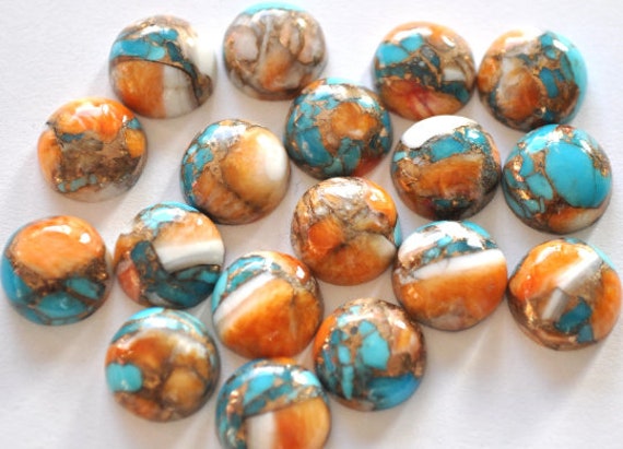 5 Pieces 6x6mm Round Oyster Copper Turquoise Gemstone Cabochon Lot CALIBRATED Spiny Oyster Mohave Turquoise Loose Stone Cab