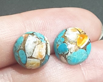 2 Pieces 11x11mm Mohave Copper Turquoise Cabochon Pair, CALIBRATED Round Spiny Oyster Loose Stone Cab Gemstone