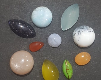 Mixed Gemstone Cabochon Lot - 10 Randomly Selected Pieces 5mm-16mm - Loose Gemstone - Peach Moonstone, Larimar, Opal, Jade...