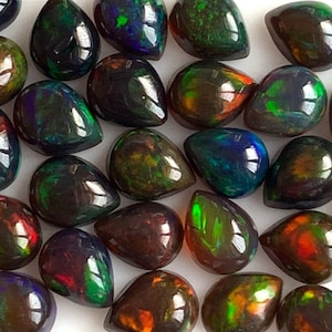 5 Pieces 5x7mm Pear Natural Black Ethiopian Opal Gemstone Cabochon, CALIBRATED Round Welo Opal Loose Stone TREATED, Semi Precious