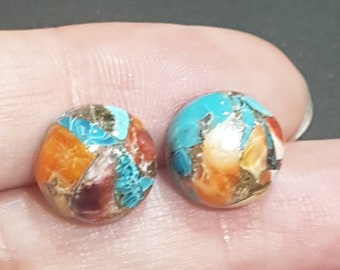 2 Pieces 11x11mm Mohave Copper Turquoise Cabochon Pair, CALIBRATED Round Spiny Oyster Loose Stone Cab Gemstone