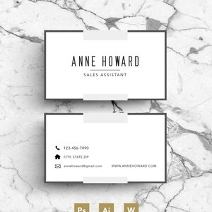 May include: A black and white business card with a marble background. The card has a white border and the text "ANNE HOWARD" in black, followed by "SALES ASSISTANT" in smaller black text. The contact information includes a phone number, address, email address, and website.
