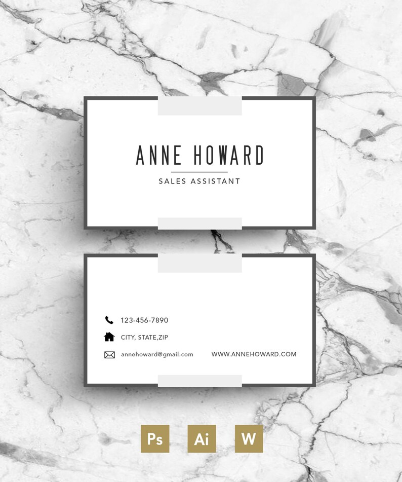 May include: A black and white business card with a marble background. The card has a white border and the text "ANNE HOWARD" in black, followed by "SALES ASSISTANT" in smaller black text. The contact information includes a phone number, address, email address, and website.