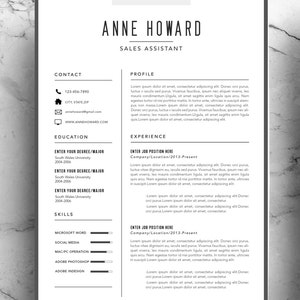 Może przedstawiać: Czarno-biały szablon CV z nazwiskiem Anne Howard i tytułem Asystent Sprzedaży. CV zawiera dane kontaktowe, wykształcenie, umiejętności i doświadczenie zawodowe.